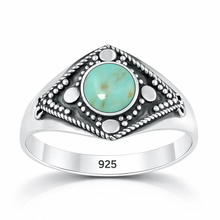 Load image into Gallery viewer, Sterling Silver Oxidized And Polished 12.5mm Round Genuine Turquoise Stone Bali Ring