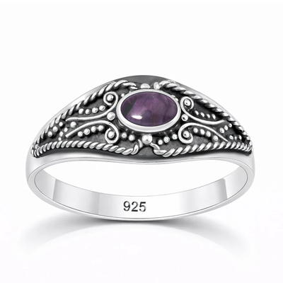 Sterling Silver Oxidized And Polished Amethyst Stone Bali Ring