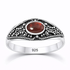 Sterling Silver Oxidized And Polished Garnet Stone Bali Ring