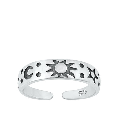 Sterling Silver Oxidized Sun Star And Moon Toe Ring