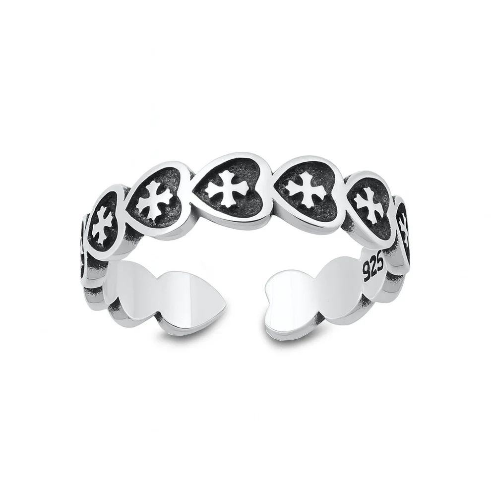 Sterling Silver Oxidized And Polished Heart Cross Toe Ring