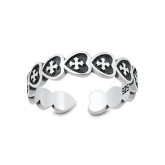 Sterling Silver Oxidized And Polished Heart Cross Toe Ring