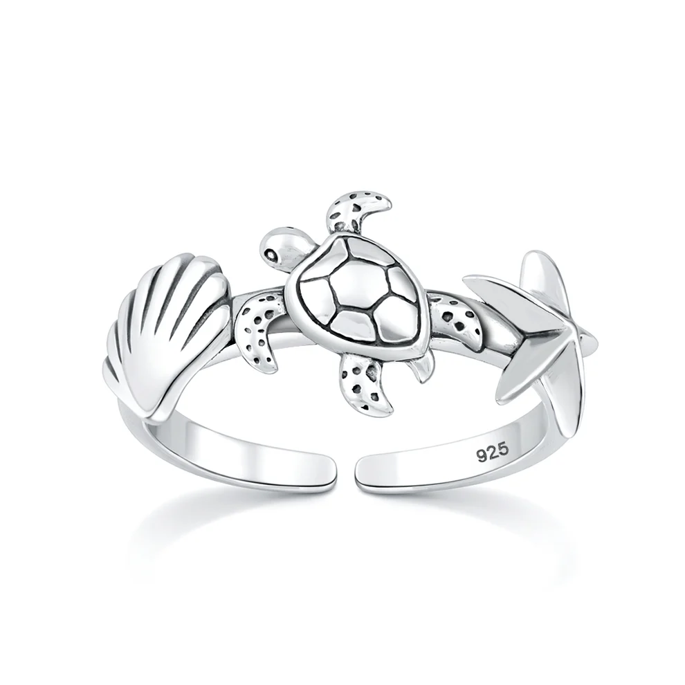 Sterling Silver Oxidized And Polished Sea Animals Toe Ring