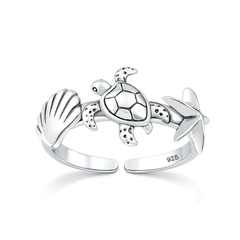 Sterling Silver Oxidized And Polished Sea Animals Toe Ring
