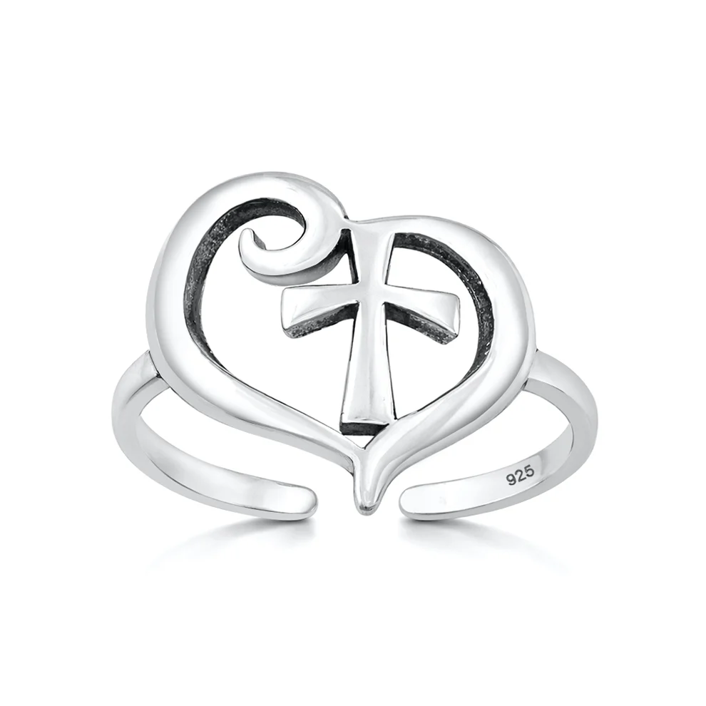 Sterling Silver Oxidized And Polished Heart And Cross Toe Ring