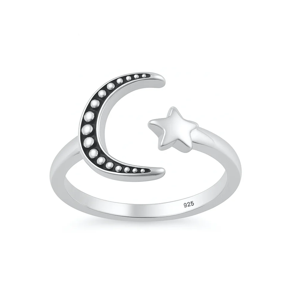 Sterling Silver Oxidized And Polished Moon And Star Toe Ring