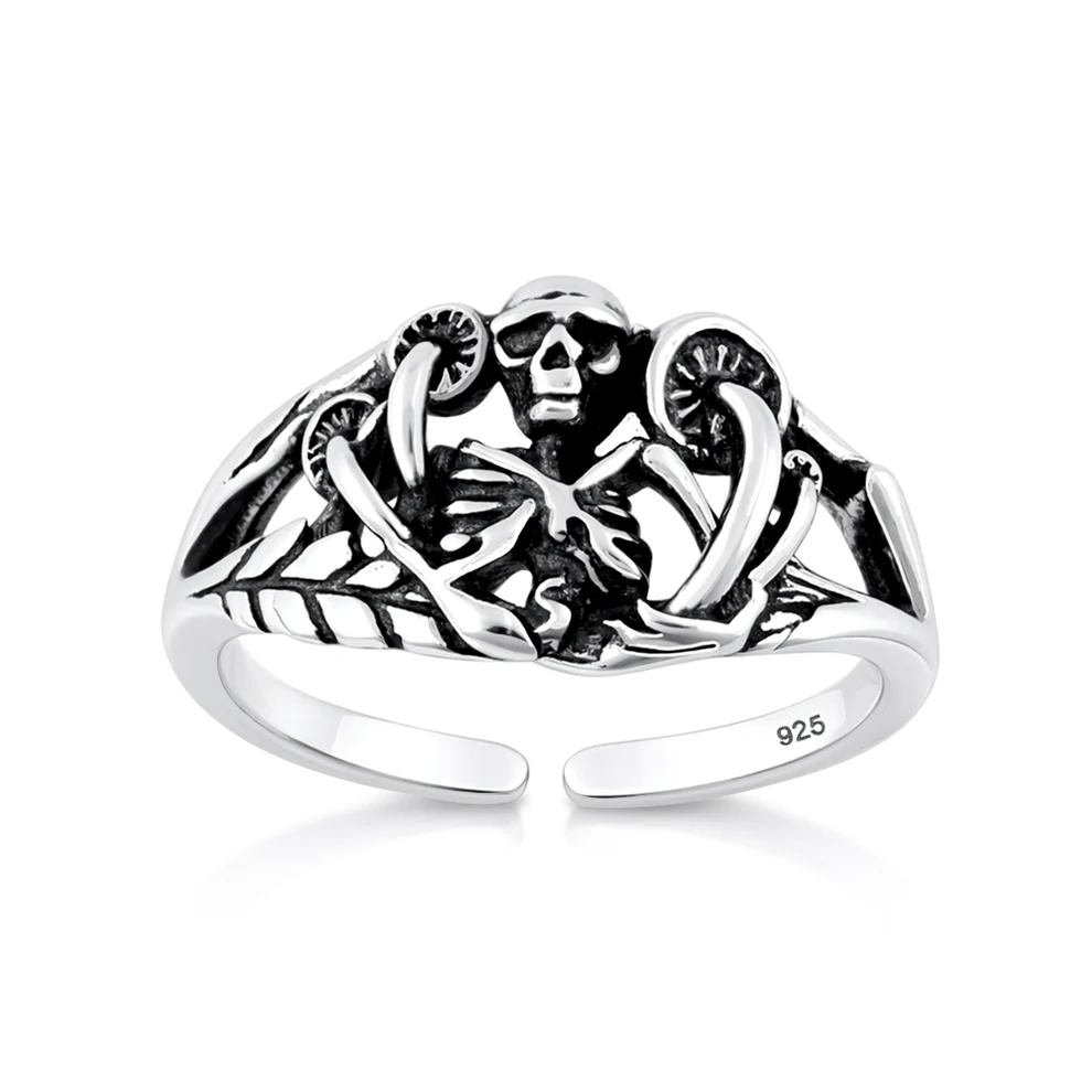 Sterling Silver Oxidized And Polished Skeleton And Mushrooms Toe Ring