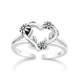 Sterling Silver Oxidized And Polished Heart And Flowers Toe Ring