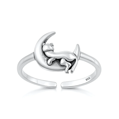 Sterling Silver Oxidized And Polished Cat On Moon Toe Ring