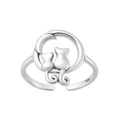Sterling Silver Oxidized Cats And Moon Toe Ring