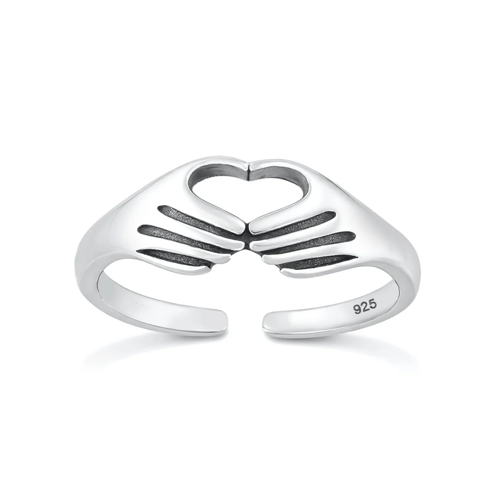 Sterling Silver Oxidized And Polished Heart Hands Toe Ring