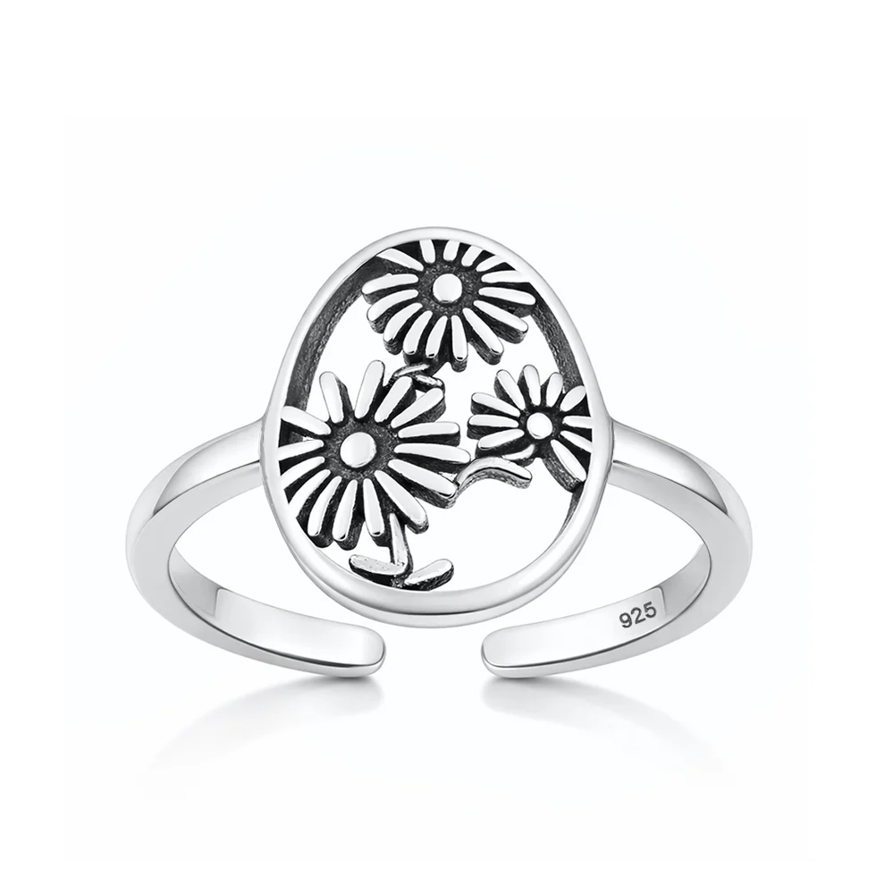 Sterling Silver Oxidized And Polished Flowers Toe Ring
