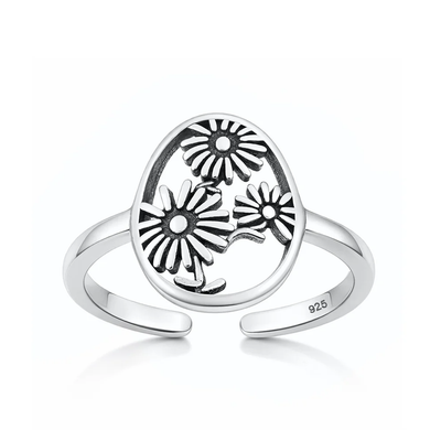 Sterling Silver Oxidized And Polished Flowers Toe Ring