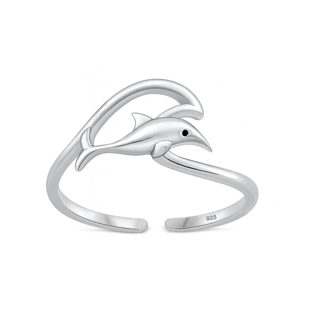 Sterling Silver Oxidized And Polished Dolphin And Wave Toe Ring