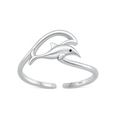 Sterling Silver Oxidized And Polished Dolphin And Wave Toe Ring