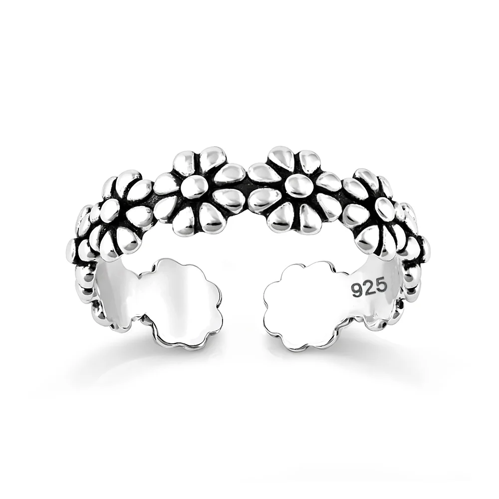 Sterling Silver Oxidized And Polished Flower Band Toe Ring