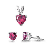Sterling Silver Ruby CZ Heart Pendant And Earrings Set