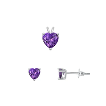 Load image into Gallery viewer, Sterling Silver Rhodium Plated Heart Solitaire Amethyst CZ Set