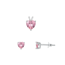 Load image into Gallery viewer, Sterling Silver Rhodium Plated Heart Solitaire Pink CZ Set