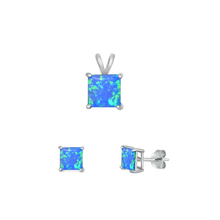 Load image into Gallery viewer, Sterling Silver Rhodium Plated Square Blue Lab Opal Jewelry Set