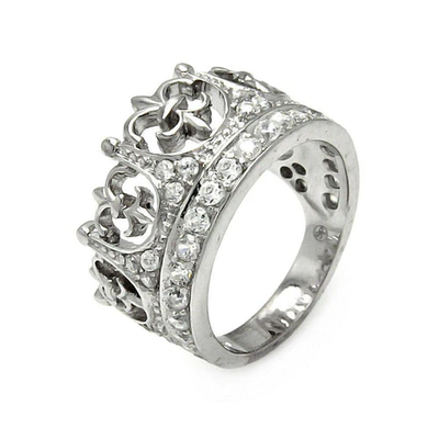 Sterling Silver Rhodium Plated Crown CZ Ring