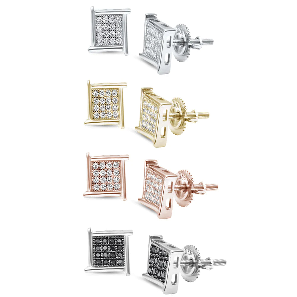 Sterling Silver Princess 8MM Hip Hop Micro Pave Cubic Zirconia Stud Earrings