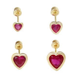 14K Yellow Gold Red CZ Heart Bezel Set Screw Back Stud Earrings