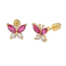 Load image into Gallery viewer, 14K Yellow Gold Butterfly Ruby And White CZ Stud Earrings With Screw Back