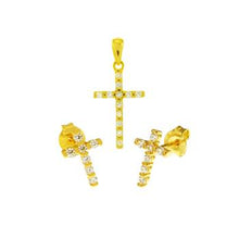 Load image into Gallery viewer, Sterling Silver Gold Plated CZ Cross Earrings And Pendant Set