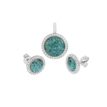 Load image into Gallery viewer, Sterling Silver Round Turquoise With CZ Earrings And Pendant Set