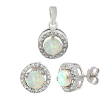 Load image into Gallery viewer, Sterling Silver Round White Lab Opal CZ Halo Earrings Jacket And Pendant Set