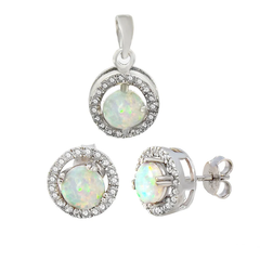 Sterling Silver Round White Lab Opal CZ Halo Earrings Jacket And Pendant Set