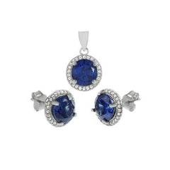 Sterling Silver Blue Sapphire Halo CZ Earrings Pendant Set