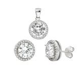 Sterling Silver Round CZ Halo Earrings And Pendant Set