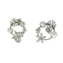 Load image into Gallery viewer, Sterling Silver Flower Enamel Butterfly Pearl Cluster CZ Stud Earrings