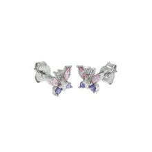 Load image into Gallery viewer, Sterling Silver Pink And Amethyst CZ Butterfly Stud Earrings