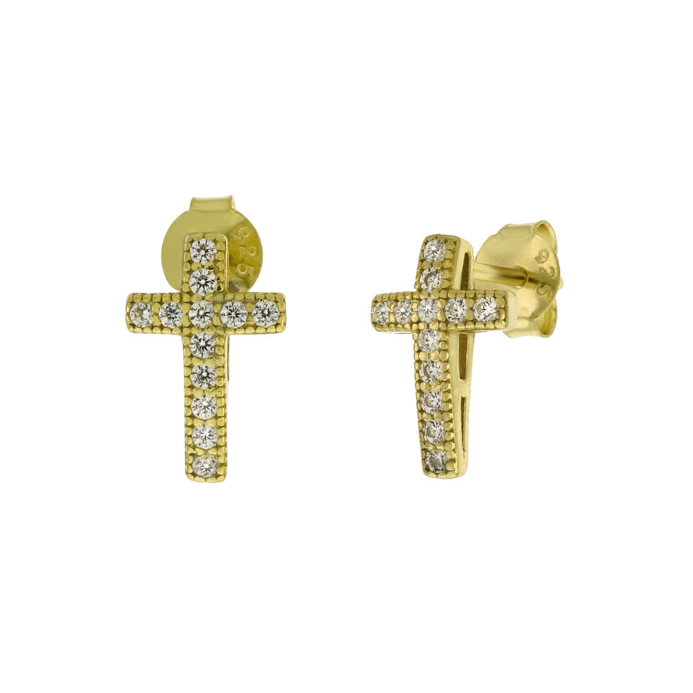 Sterling Silver Gold Plated Micro Pave CZ Cross Stud Earrings