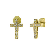 Load image into Gallery viewer, Sterling Silver Gold Plated Micro Pave CZ Cross Stud Earrings