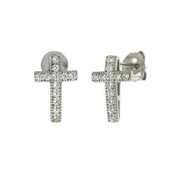 Sterling Silver Rhodium Plated Micro Pave CZ Cross Stud Earrings