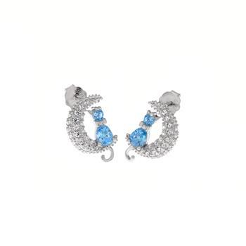 Sterling Silver Blue Zircon Cat Pave CZ Moon Stud Earrings