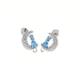 Sterling Silver Blue Zircon Cat Pave CZ Moon Stud Earrings