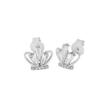Sterling Silver Rhodium Plated Crown CZ Stud Earrings