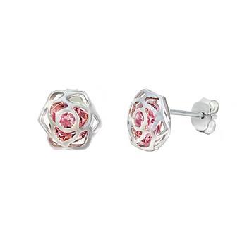 Sterling Silver Pink CZ Flower Stud Earrings