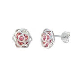 Sterling Silver Pink CZ Flower Stud Earrings