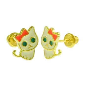 Sterling Silver Gold Plated Enamel Kitty Cat Screw Back Stud Earrings