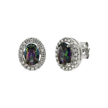 Sterling Silver Rainbow Mystic Halo CZ Stud Earrings
