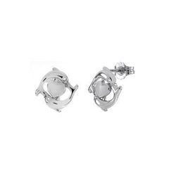 Sterling Silver Rhodium Plated Double Dolphin With Heart Stud Earrings