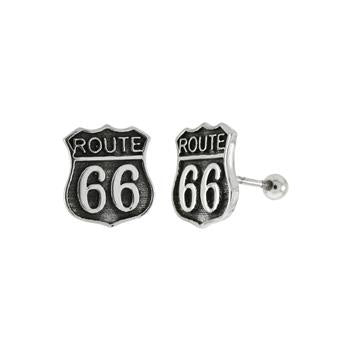 Sterling Silver Oxidized ROUTE 66 Sign Ball Screw Back Stud Earrings