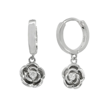 Load image into Gallery viewer, Sterling Silver Rhodium Plated Dangle CZ Rose Huggie Hoop Earrings