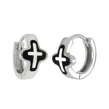 Load image into Gallery viewer, Sterling Silver Black Enamel Cross Huggie Earrings
